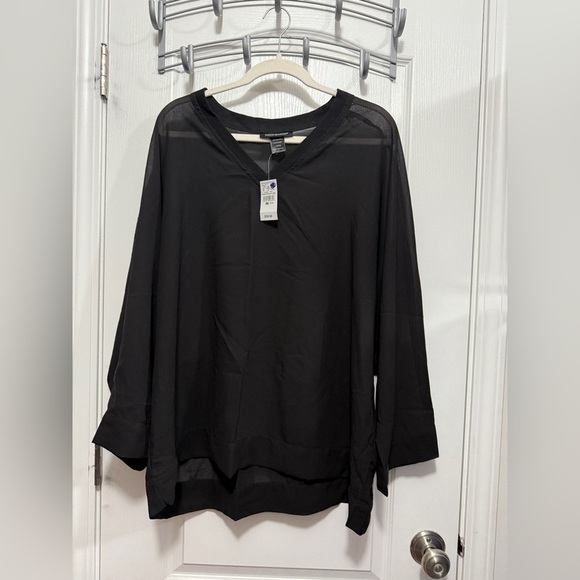 NWT Ashley Stewart Women's 14/16w sheer Black V Neck Blouse Plus Size New dolman - Picture 1 of 14